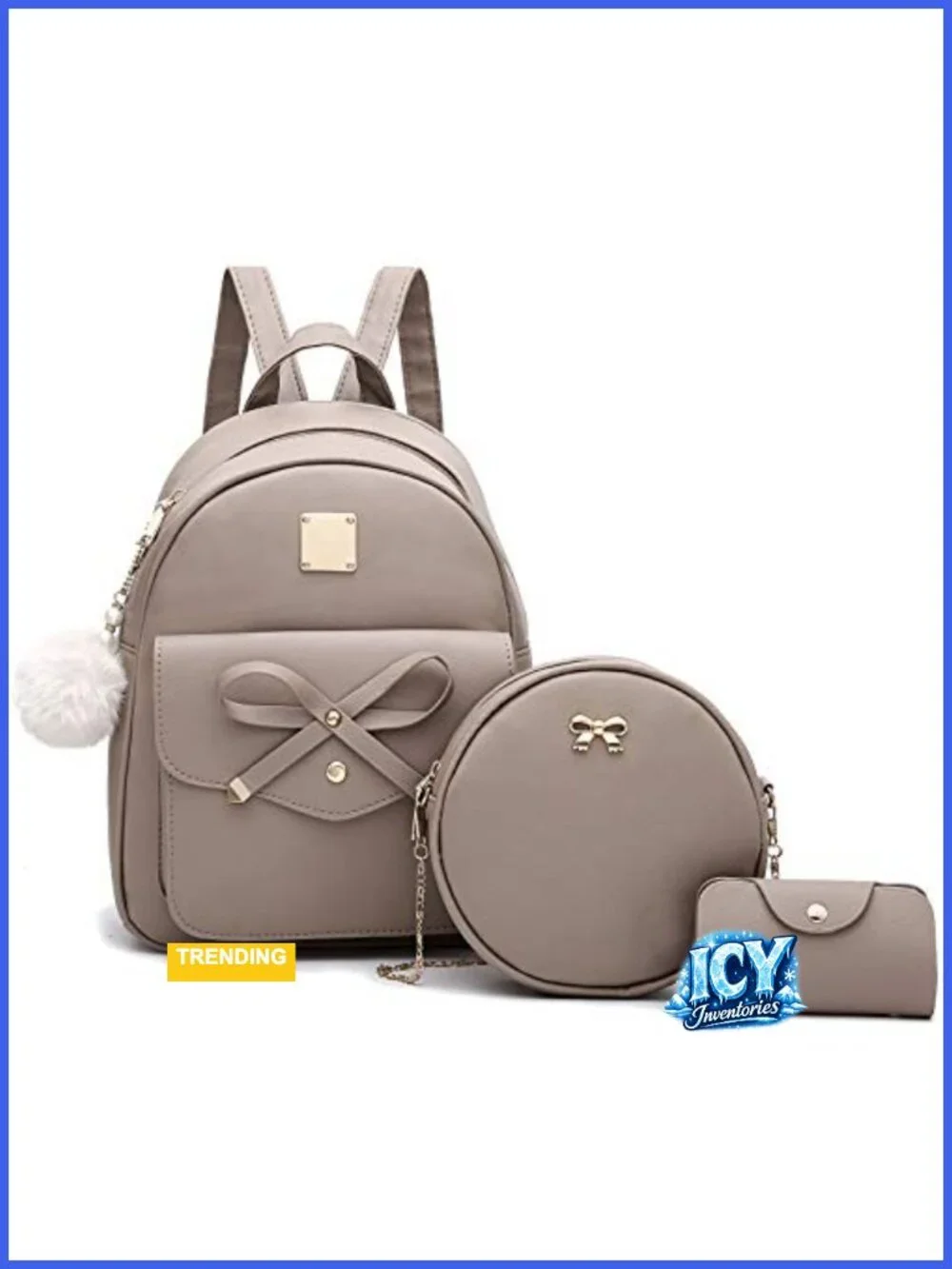 Girls Bowknot 3-Pieces Fashion PU Leather Backpack Purse for Women Rucksack